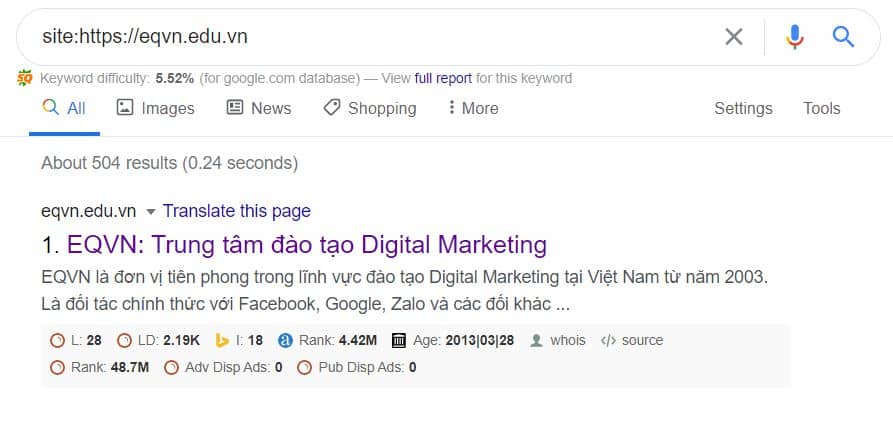 kiểm tra index domain eqvn.edu.vn